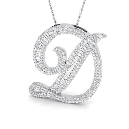 Yellow Gold Diamond Script Initial "D" Pendant with Baguette and Round Diamonds