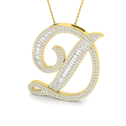 Yellow Gold Diamond Script Initial "D" Pendant with Baguette and Round Diamonds