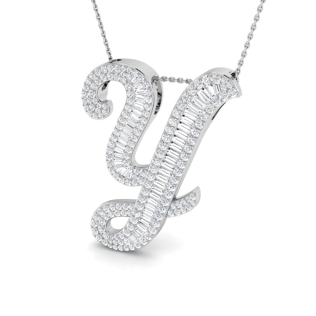 Diamond Initial Pendant with Baguette and Round Diamonds