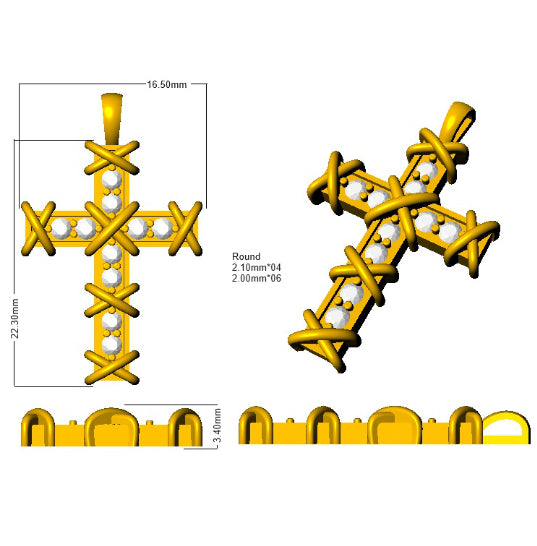 Anhänger in Form eines Stacheldrahtkreuzes mit rundem Diamanten (0,30 ct) in Gold und Platin