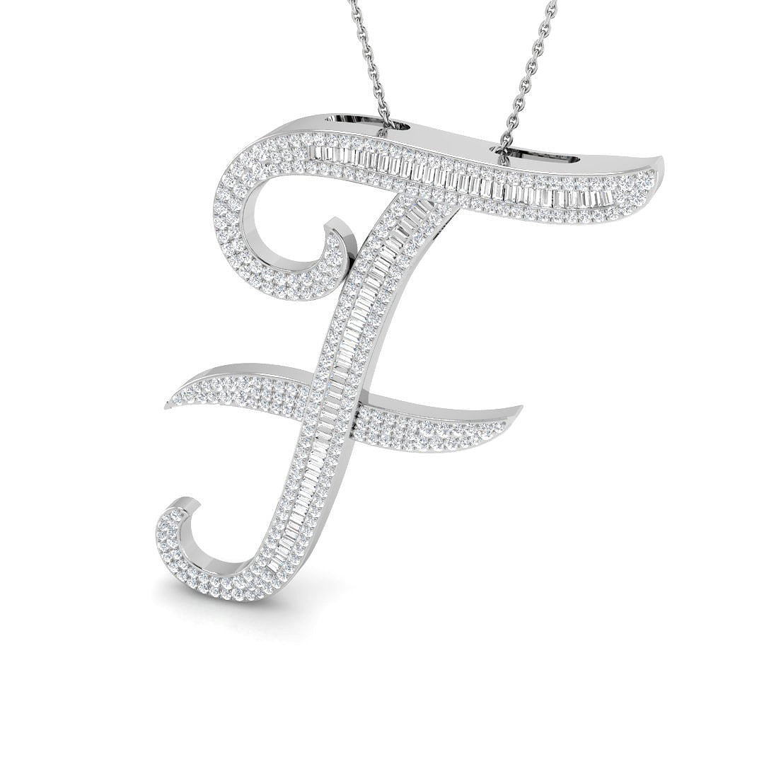 Gold initial pendant with baguette and round cut diamonds.