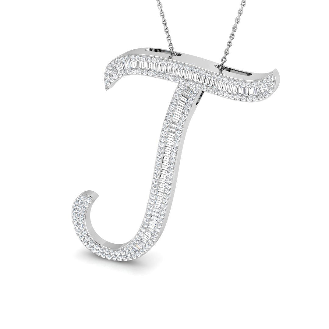Gold initial pendant with baguette and round cut diamonds.