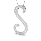 Gold initial pendant with baguette and round cut diamonds.