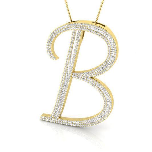 Yellow Gold Diamond Script Initial "B" Pendant with Baguette and Round Diamonds