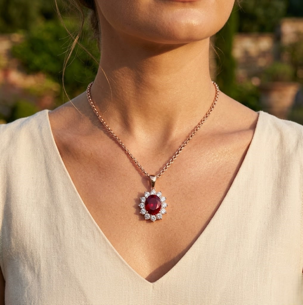 Ruby Diamond Oval Halo Necklace in Gold Without Chain