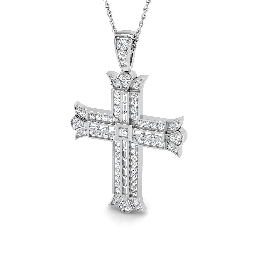 0.85ct – 1.16ct Baguette & Round Diamond Fleur-De-Lis Cross Necklace in Gold & Platinum