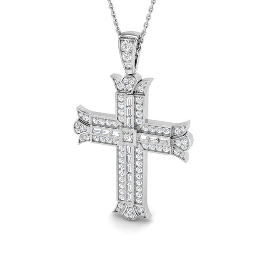 0.85ct – 1.16ct Baguette & Round Diamond Fleur-De-Lis Cross Necklace in Gold & Platinum