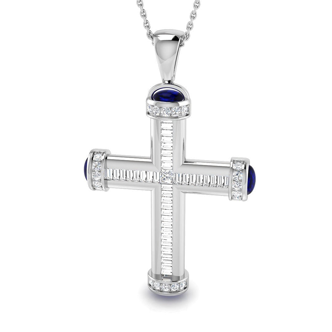 2.00ct Diamond & Blue Sapphire Baguette Cross Necklace in Gold & Platinum