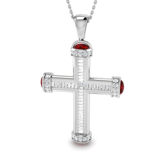 2.03ct Diamond & Ruby Baguette Cross Necklace in Gold & Platinum