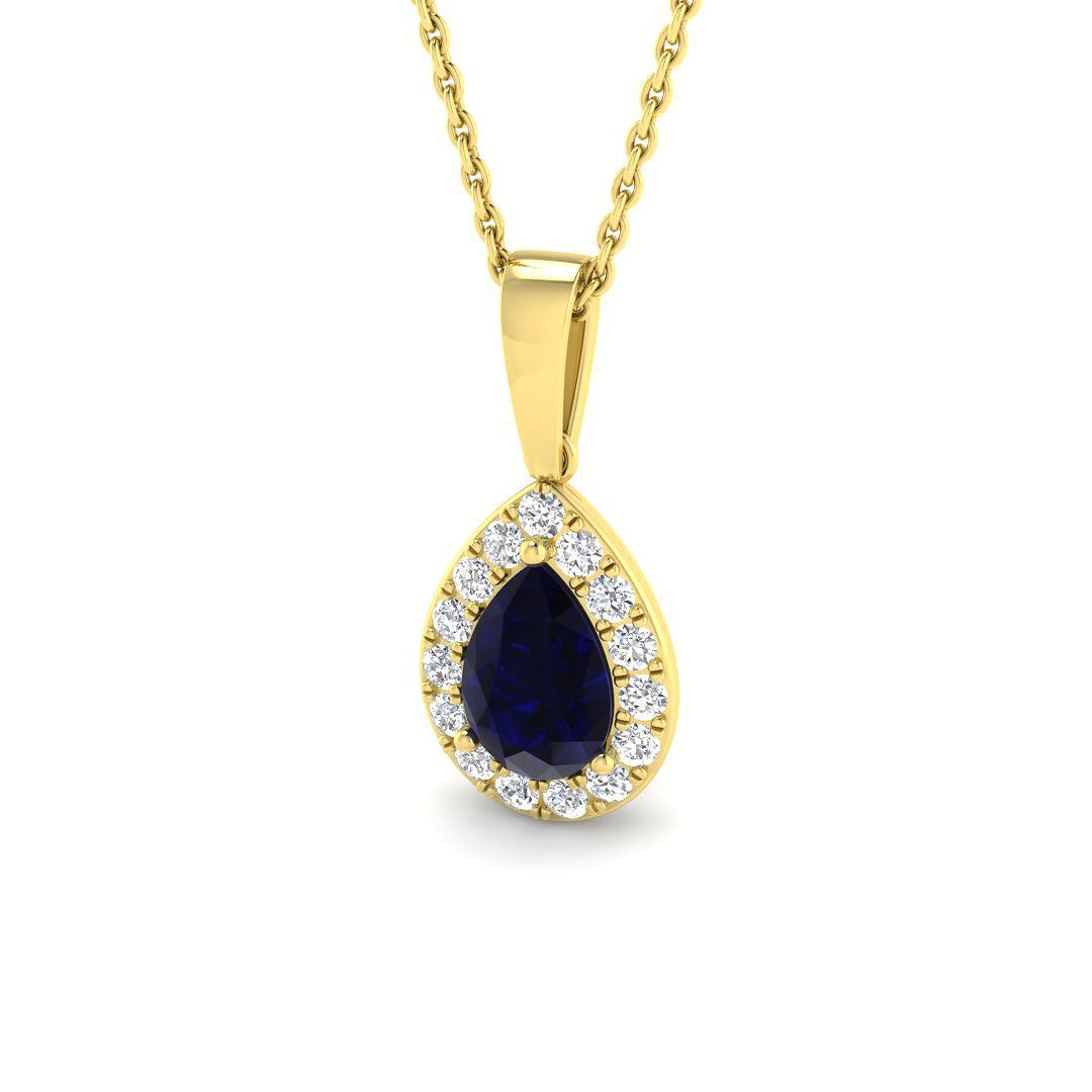 Blue Sapphire Diamond Pendant | Pear Halo Gold Necklace(Without Chain )
