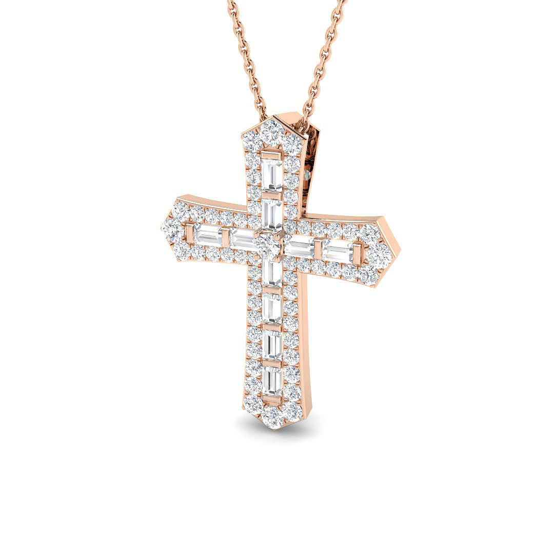 Rose gold cross pendant with diamonds on a white background