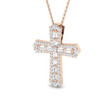 Rose gold cross pendant with diamonds on a white background