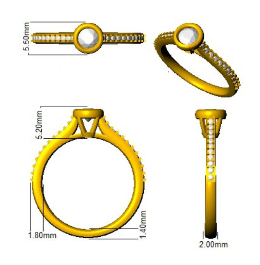 Gold ring with measurements on a white background