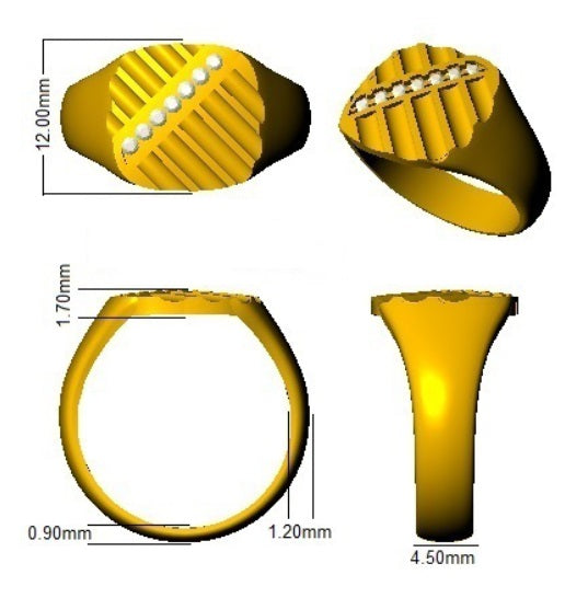 Yellow ring with measurements on a white background