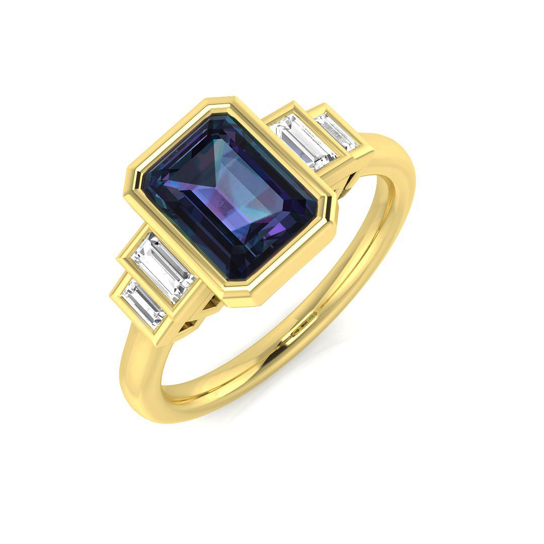 Emerald Cut Sapphire Five Stone Ring with Baguette Diamonds | Gemstone Side Stone Ring