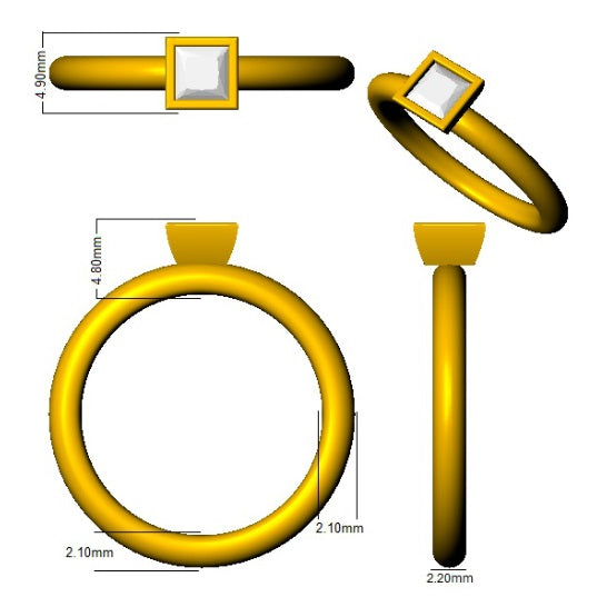 Yellow metal ring with dimensions on a white background