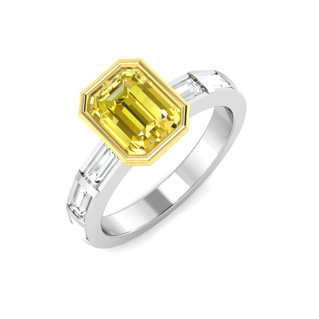 Natural Emerald Cut Yellow Diamond Bezel Set Engagement Ring with Baguette Side Stones