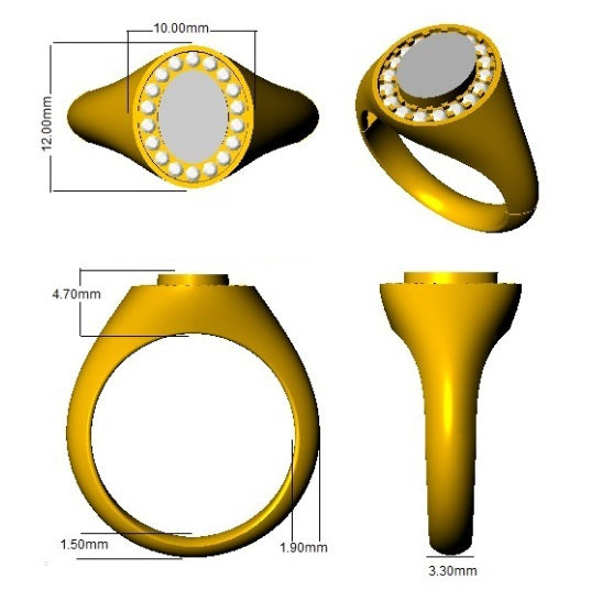 Yellow ring with measurements on a white background