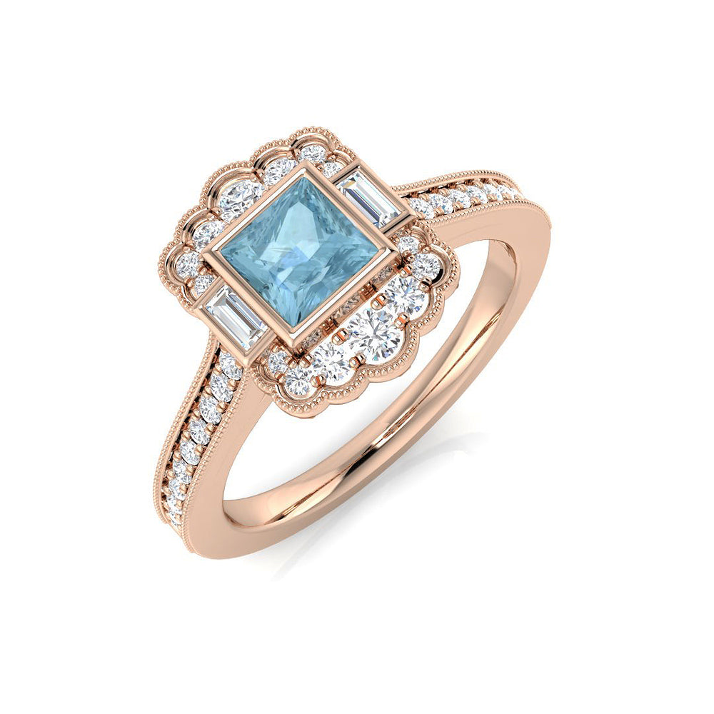 Rose Gold Princess Cut Aquamarine Vintage Ring