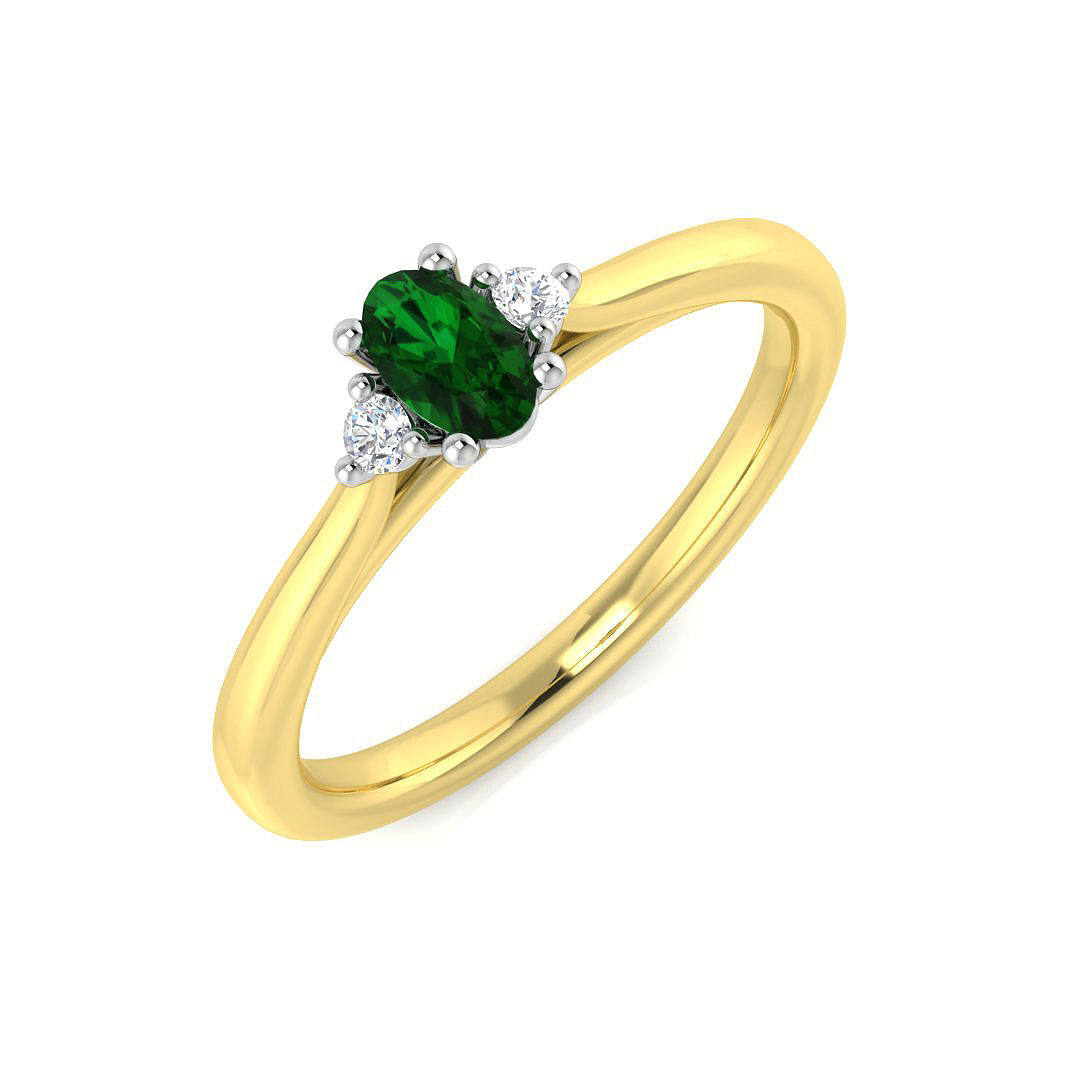 9K Yellow Gold Round Cut Natural Diamond Three-Stone Ring with Oval Colour Gemstone