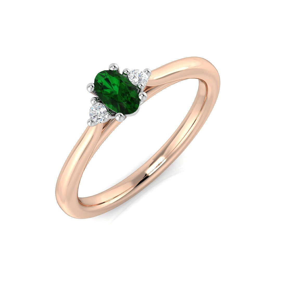 9K Yellow Gold Round Cut Natural Diamond Three-Stone Ring with Oval Colour Gemstone