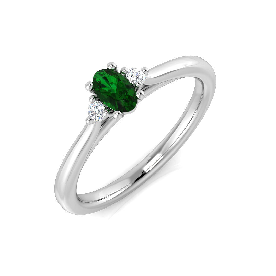 9K Yellow Gold Round Cut Natural Diamond Three-Stone Ring with Oval Colour Gemstone