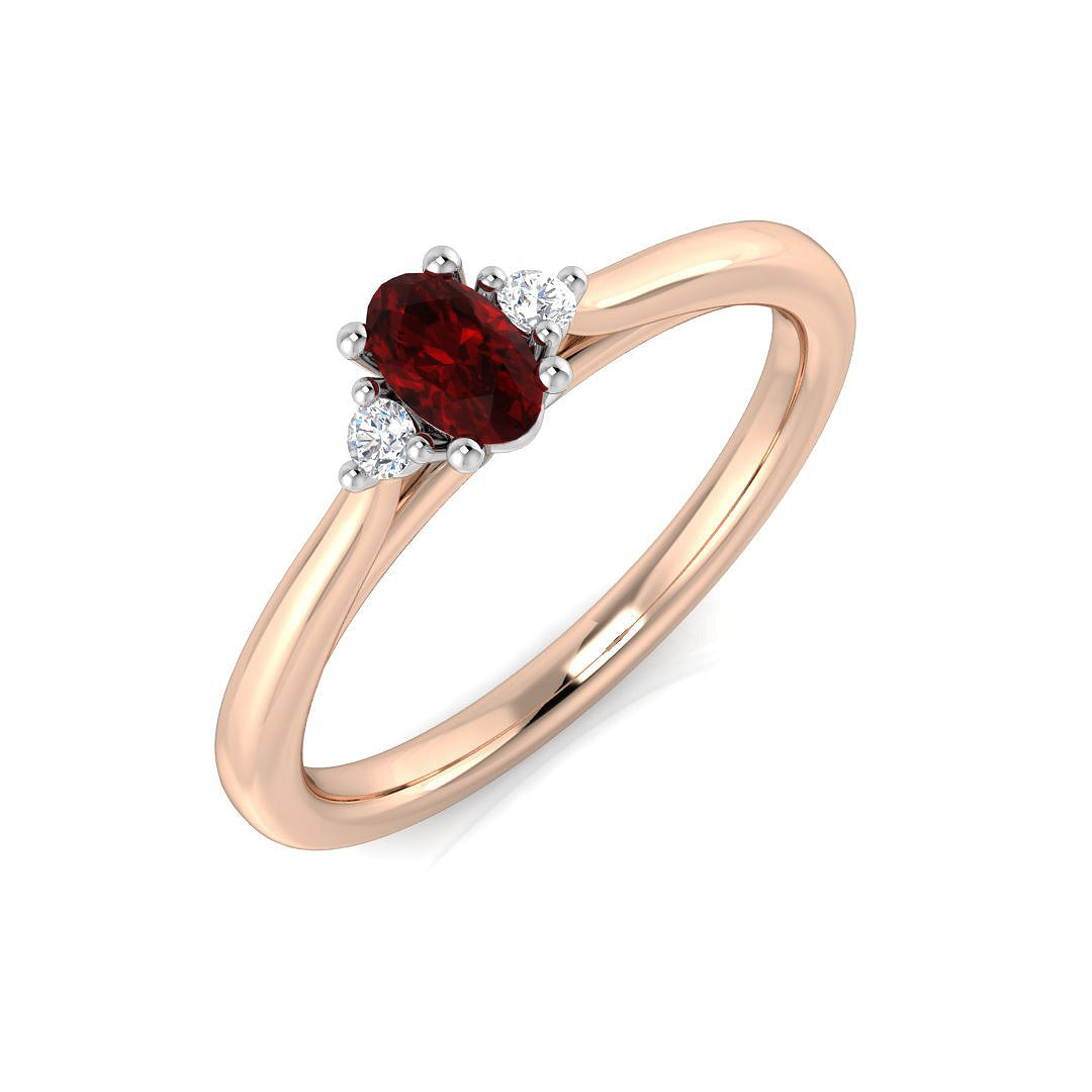 9K Yellow Gold Round Cut Natural Diamond Three-Stone Ring with Oval Colour Gemstone