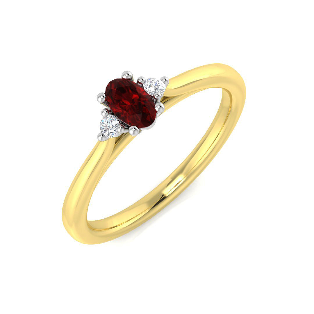 9K Yellow Gold Round Cut Natural Diamond Three-Stone Ring with Oval Colour Gemstone