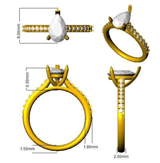 Pear Cut Diamond Engagement Ring with Pavé Band in Gold