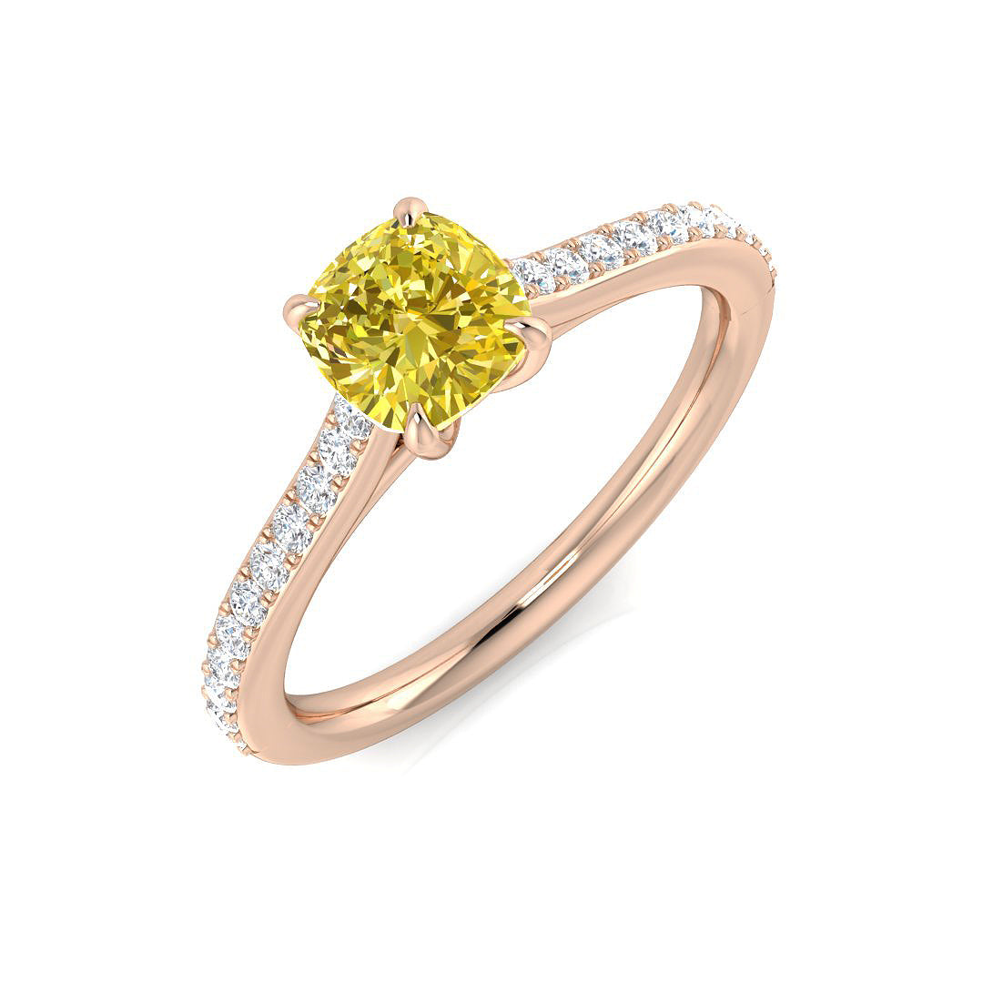 Yellow Diamond Ring, Cushion Cut Diamond Ring, Pave Diamond Ring
