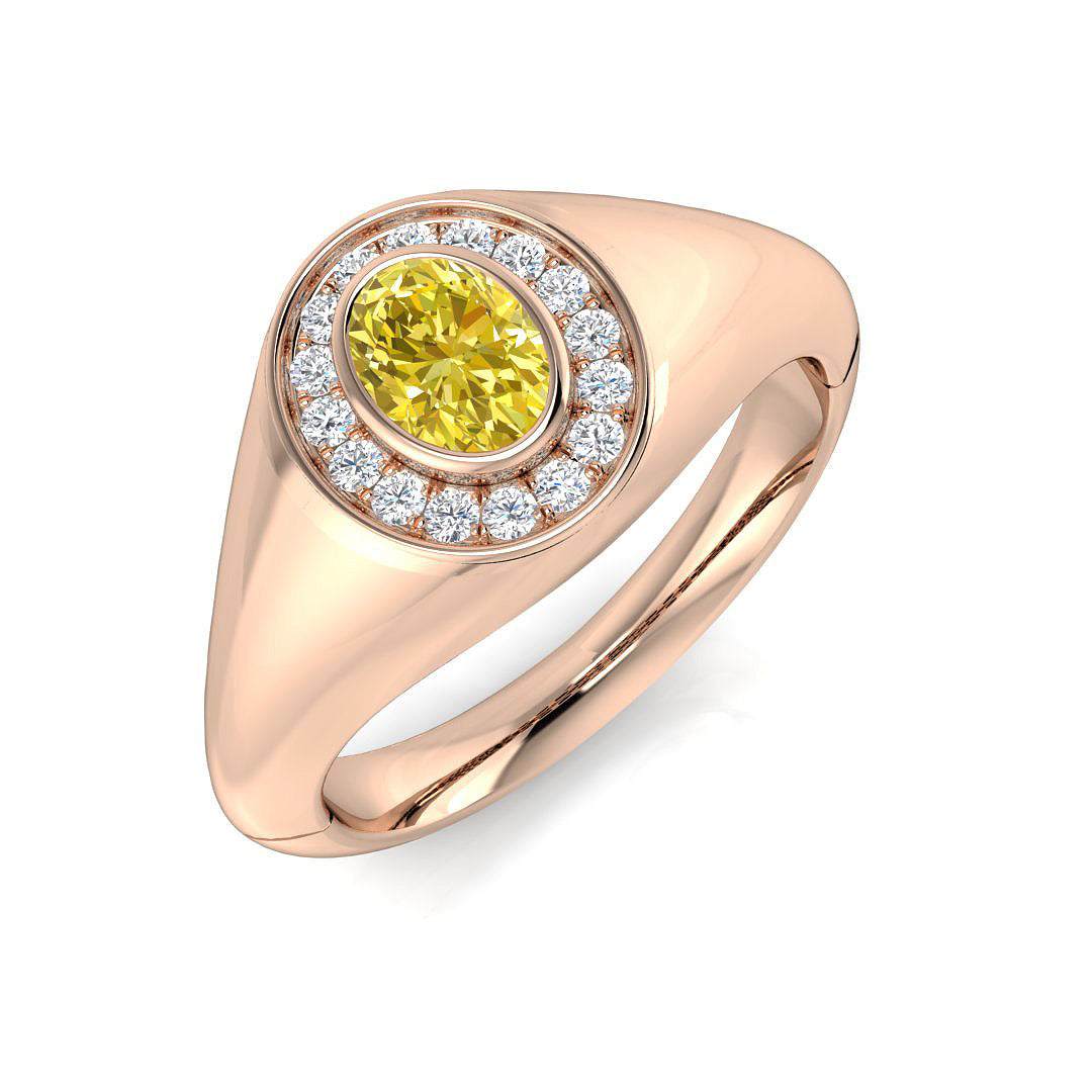 9K Yellow Gold Oval Yellow Diamond Halo Signet Ring with Natural Diamond Surround