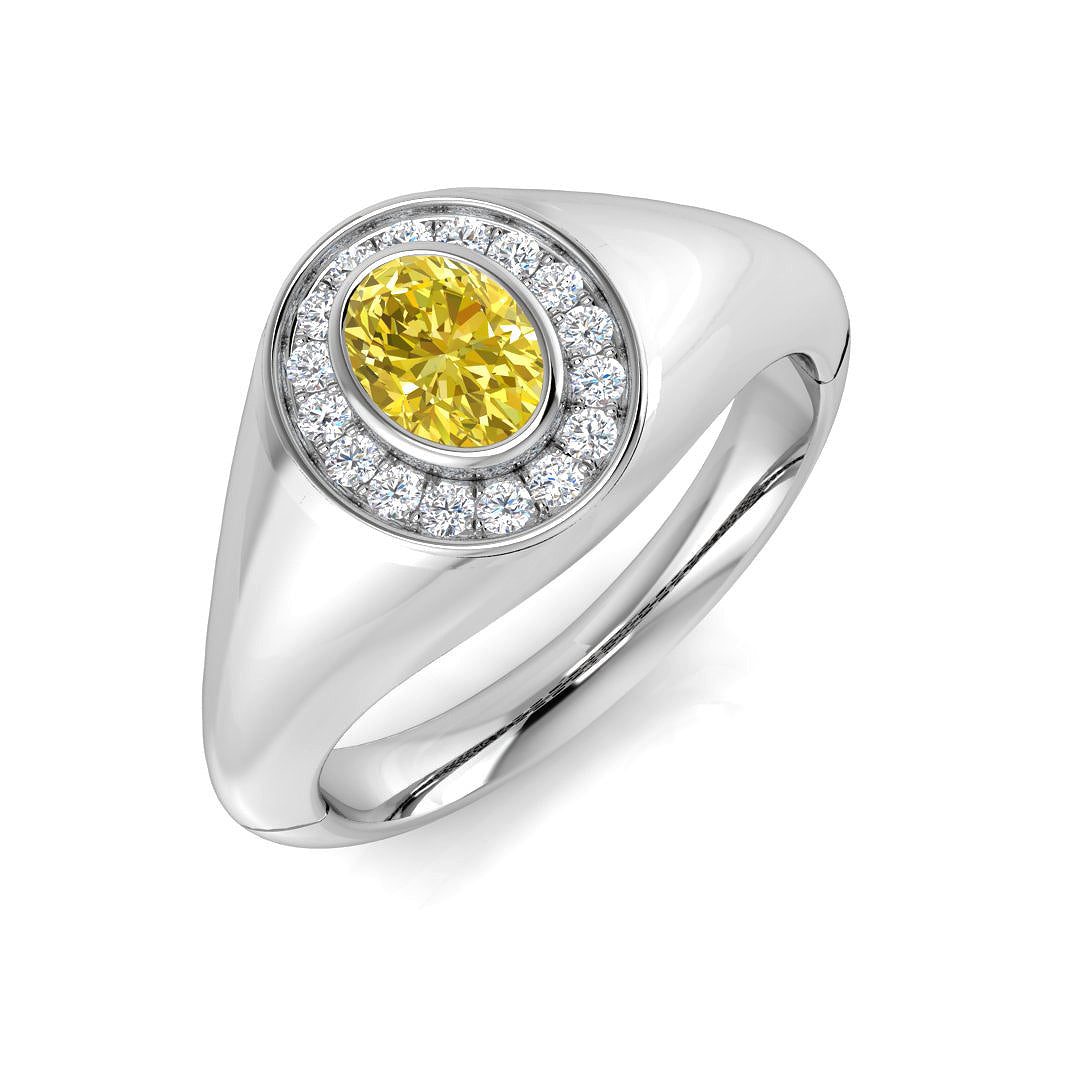 9K Yellow Gold Oval Yellow Diamond Halo Signet Ring with Natural Diamond Surround