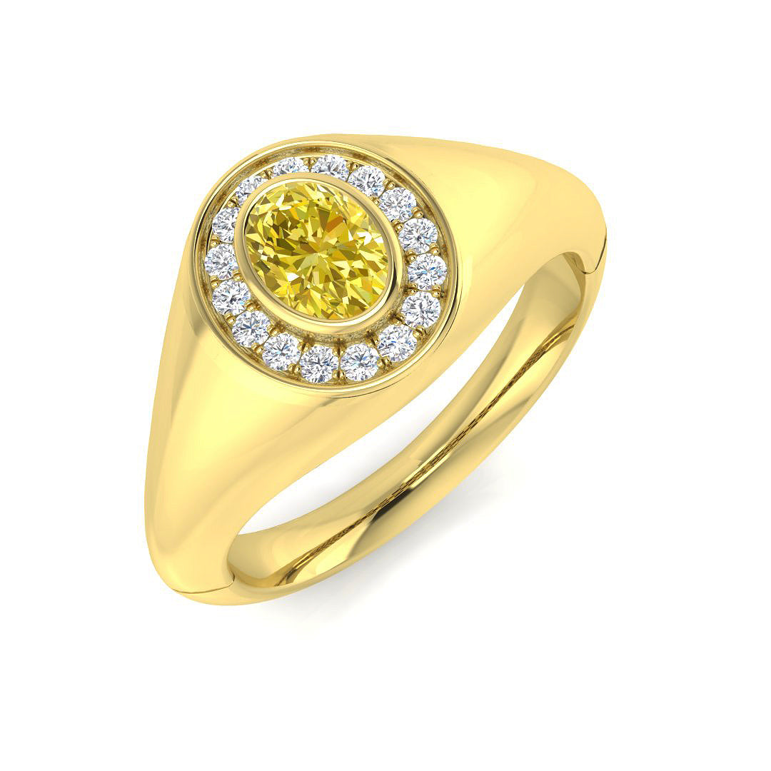 9K Yellow Gold Oval Yellow Diamond Halo Signet Ring with Natural Diamond Surround
