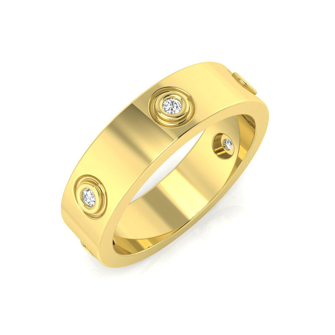 0.10Ct Yellow Gold Screw Motif Diamond Ring – Classic Wide Statement Band