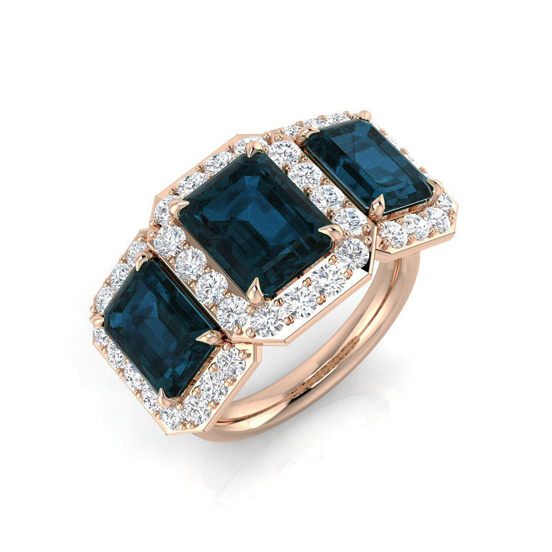 London Blue Topaz Three Stone Halo Ring in Rose Gold