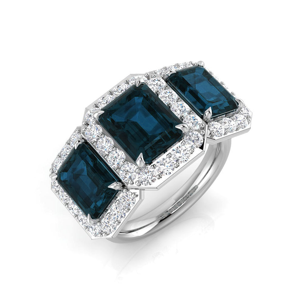 London Blue Topaz Three Stone Halo Ring in Platinum