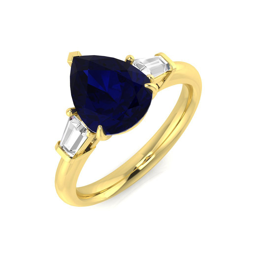 Pear Cut Blue Sapphire Three Stone Ring with Natural Baguette Side Stones | UK Hallmarked