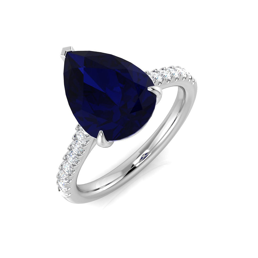 Pear Cut Blue Sapphire Ring with Pave Diamonds