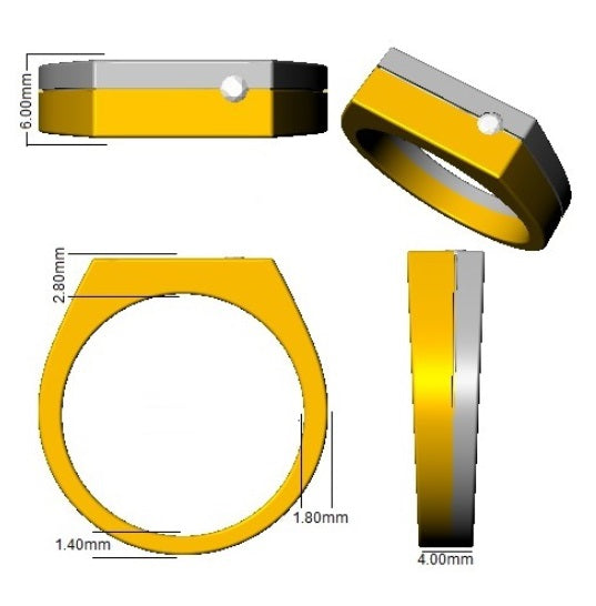 Yellow and gray metal washer with dimensions on a white background