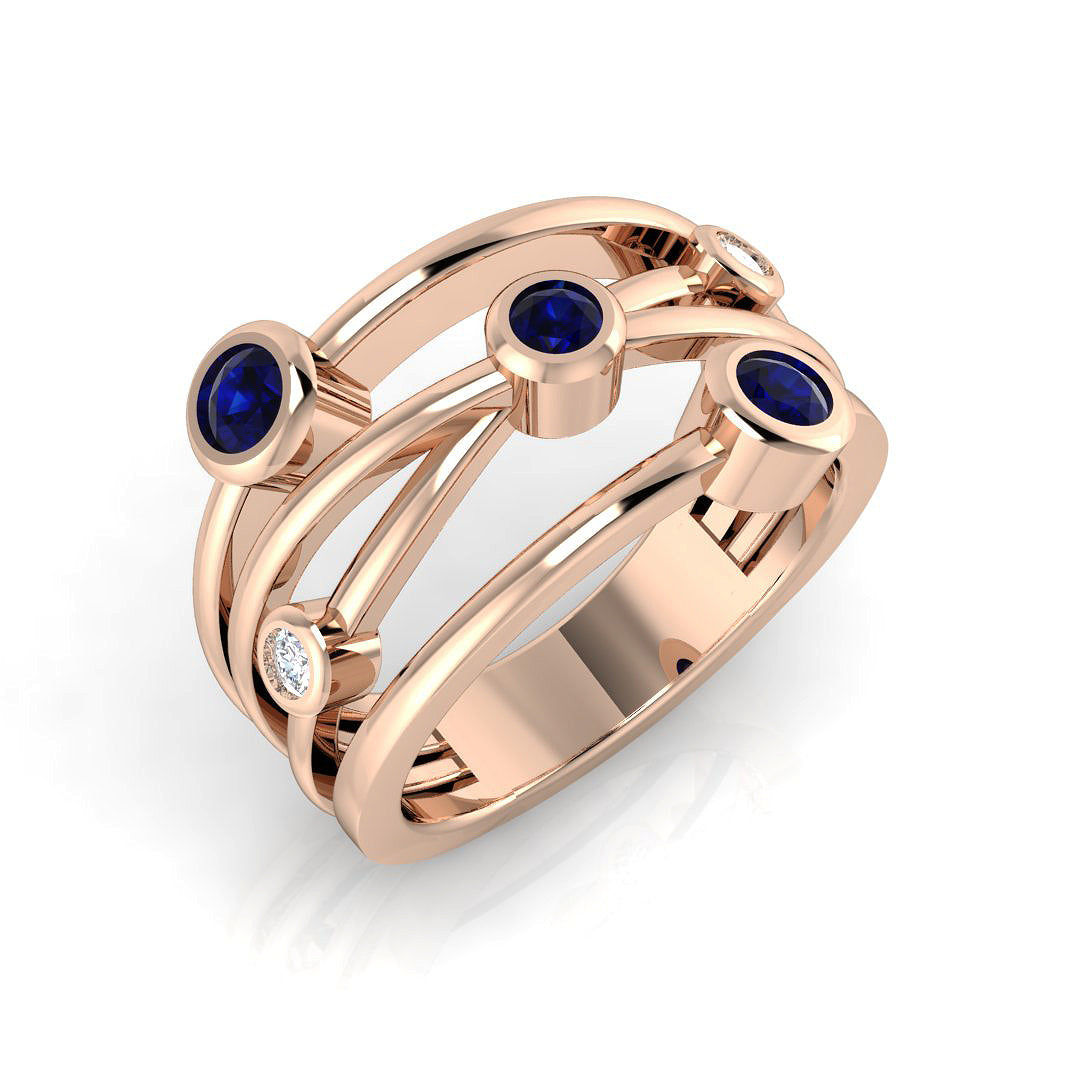 Blue Sapphire Bubble Ring with Round Diamonds | Multi Stone Ring | UK Hallmarked