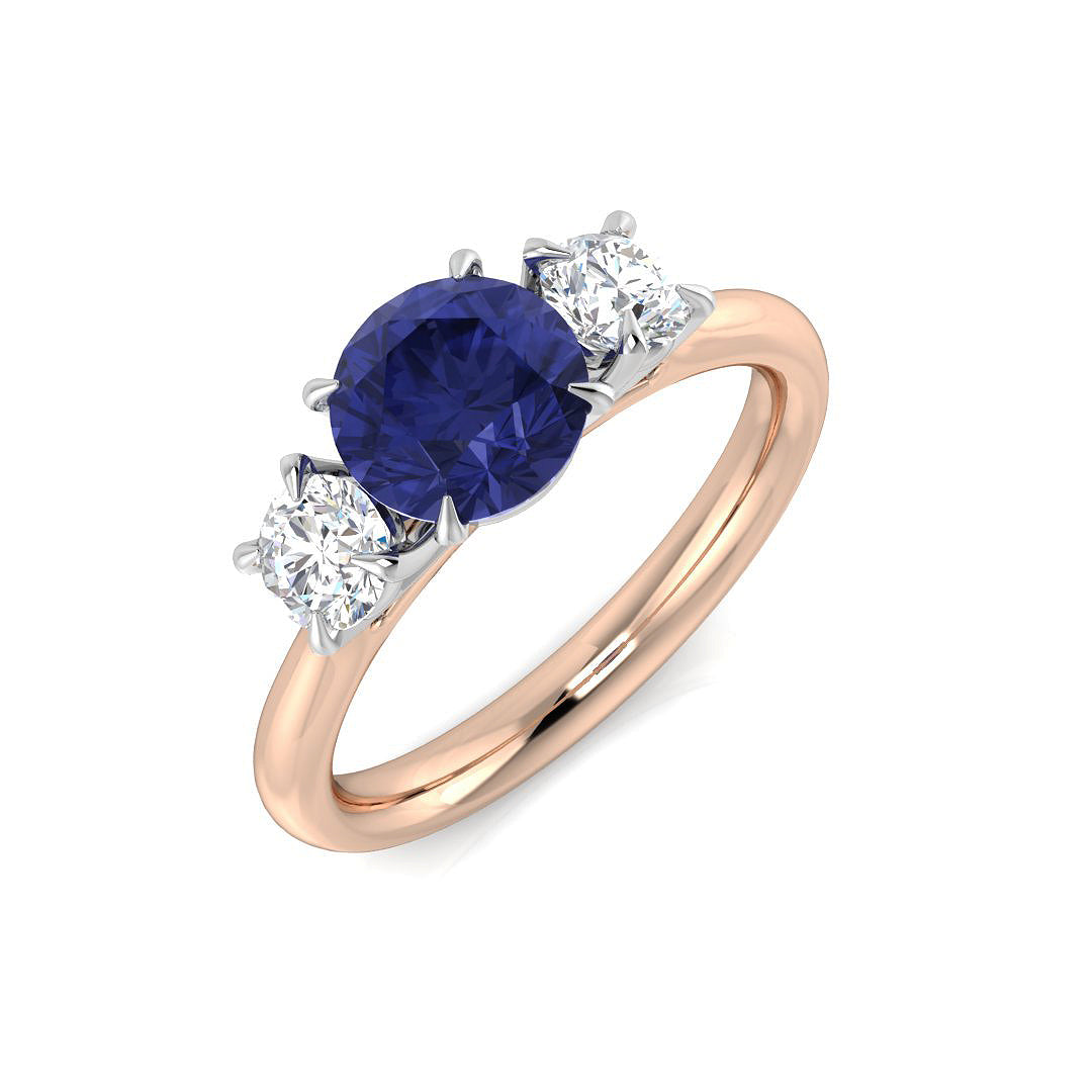 Three Stone Tanzanite Diamond Ring with Round Cut Natural Diamonds | UK Hallmarked