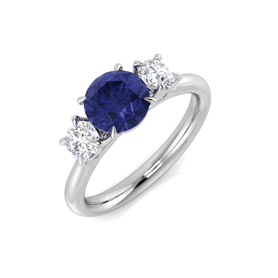 Three Stone Tanzanite Diamond Ring with Round Cut Natural Diamonds | UK Hallmarked