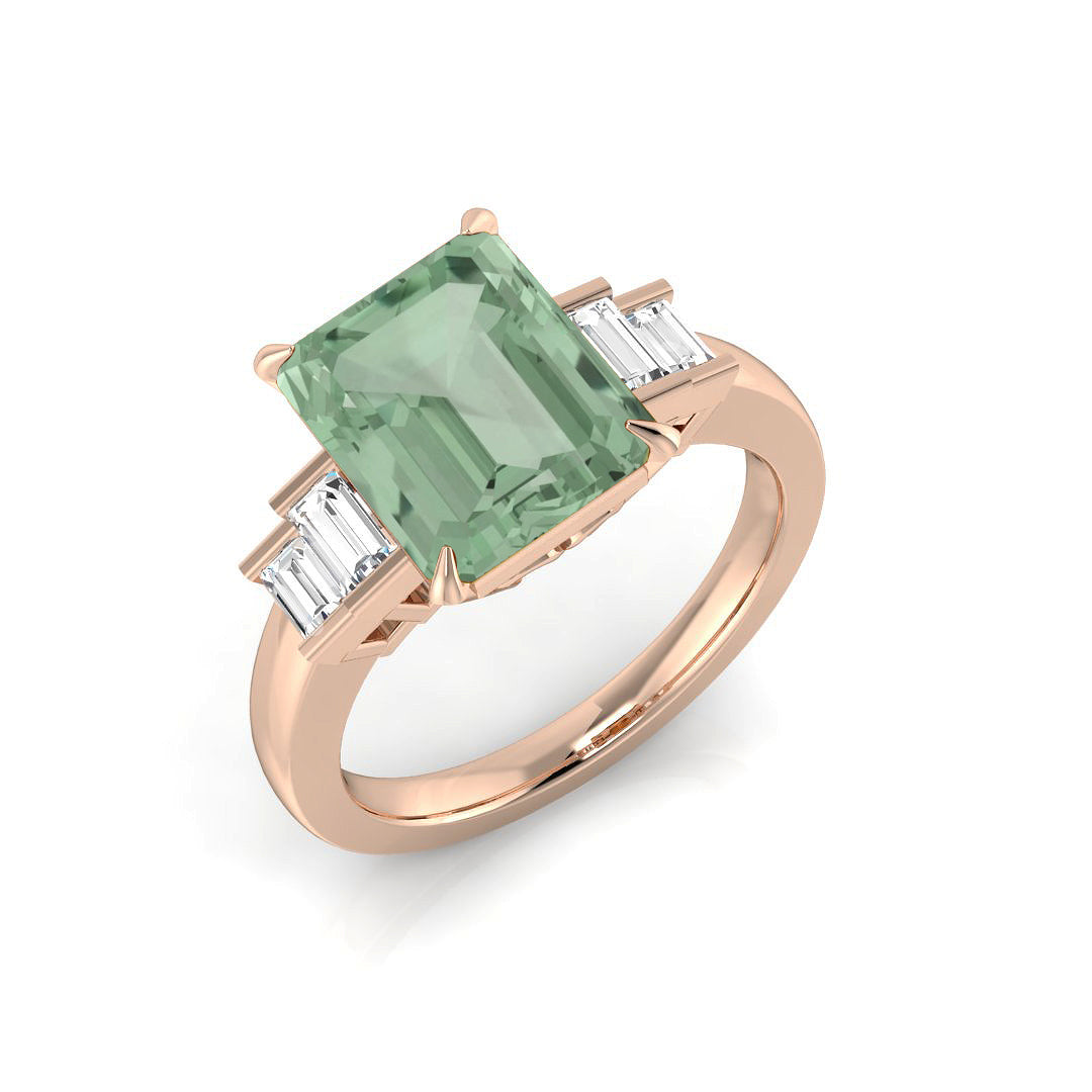 Rose Gold Emerald Cut Green Amethyst Five Stone Ring with Baguette Diamonds