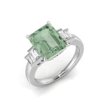 Emerald Cut Green Amethyst Five Stone Ring with Baguette Diamonds in white gold