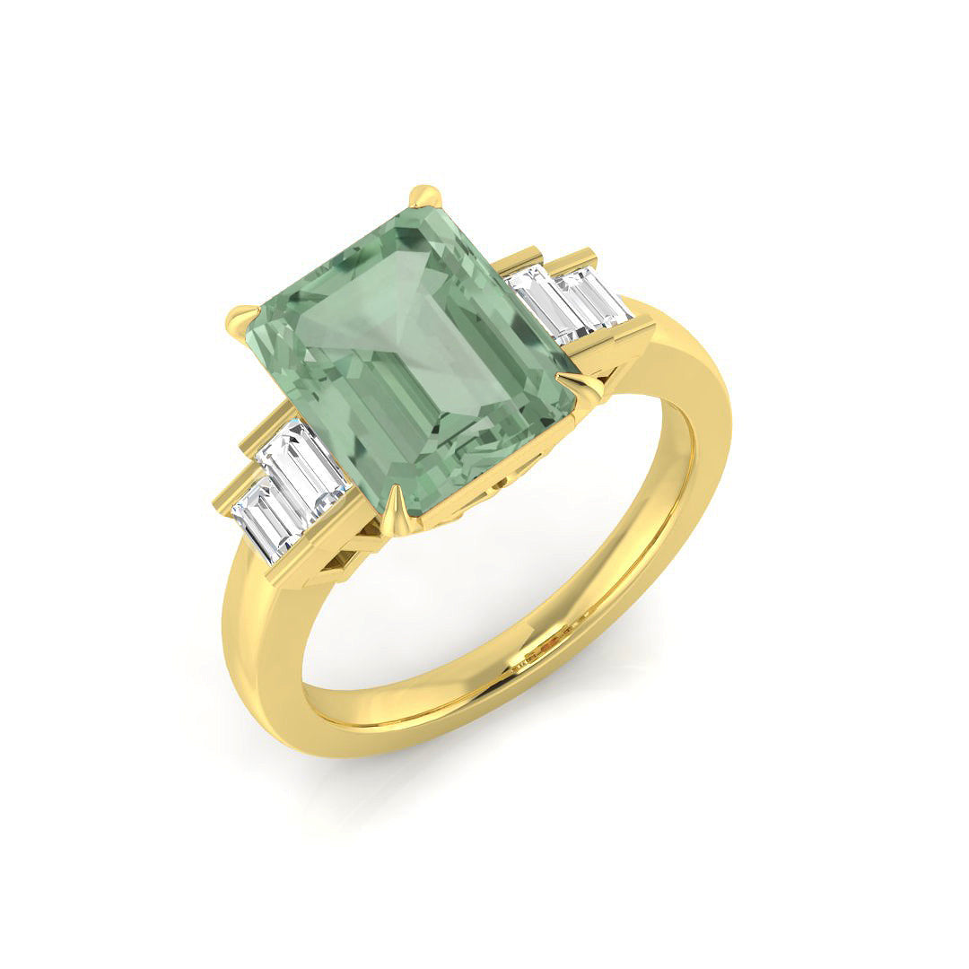 Gold Emerald Cut Green Amethyst Five Stone Ring with Baguette Diamonds