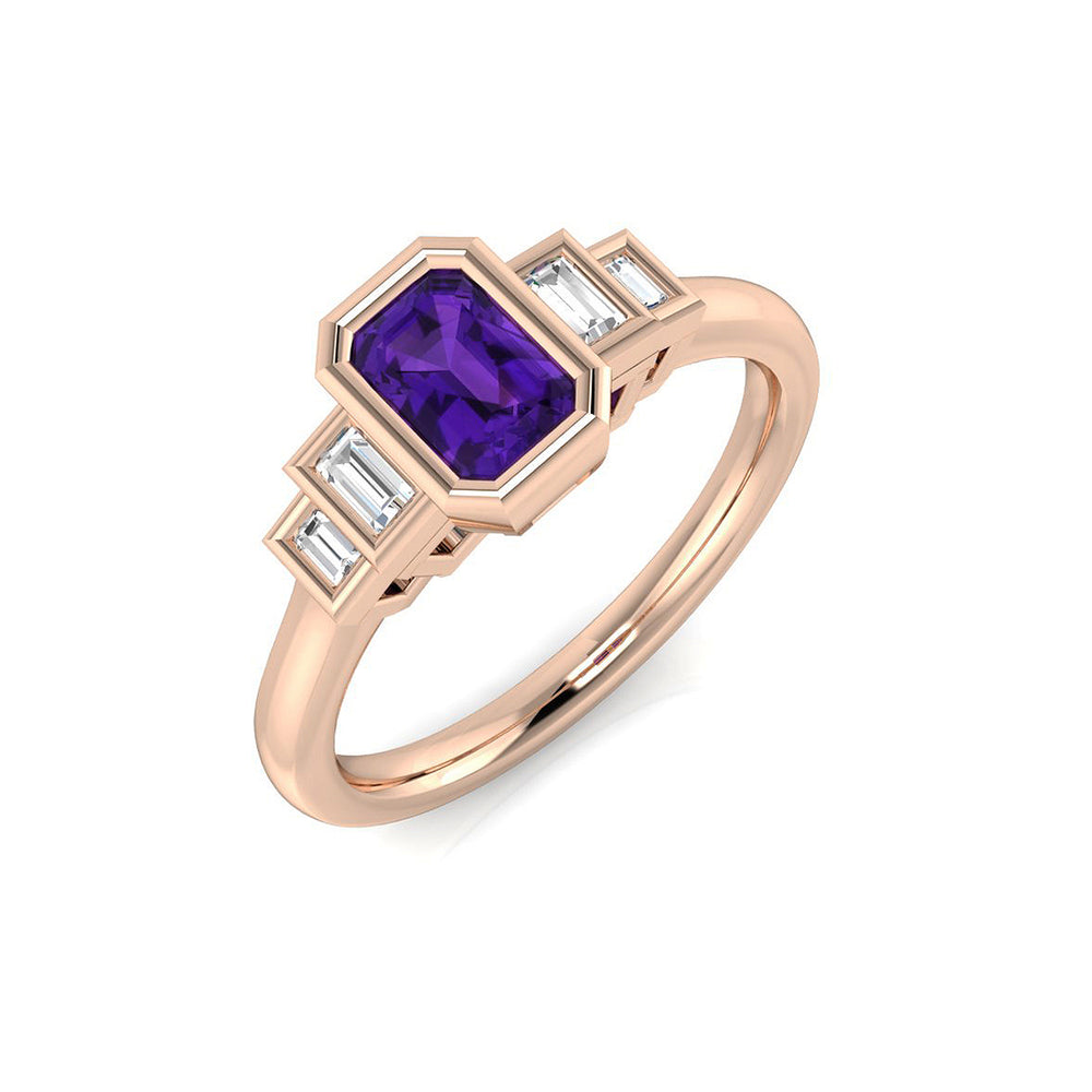 Rose Gold Emerald Cut Amethyst Ring with Baguette Diamonds Five Stone Ring