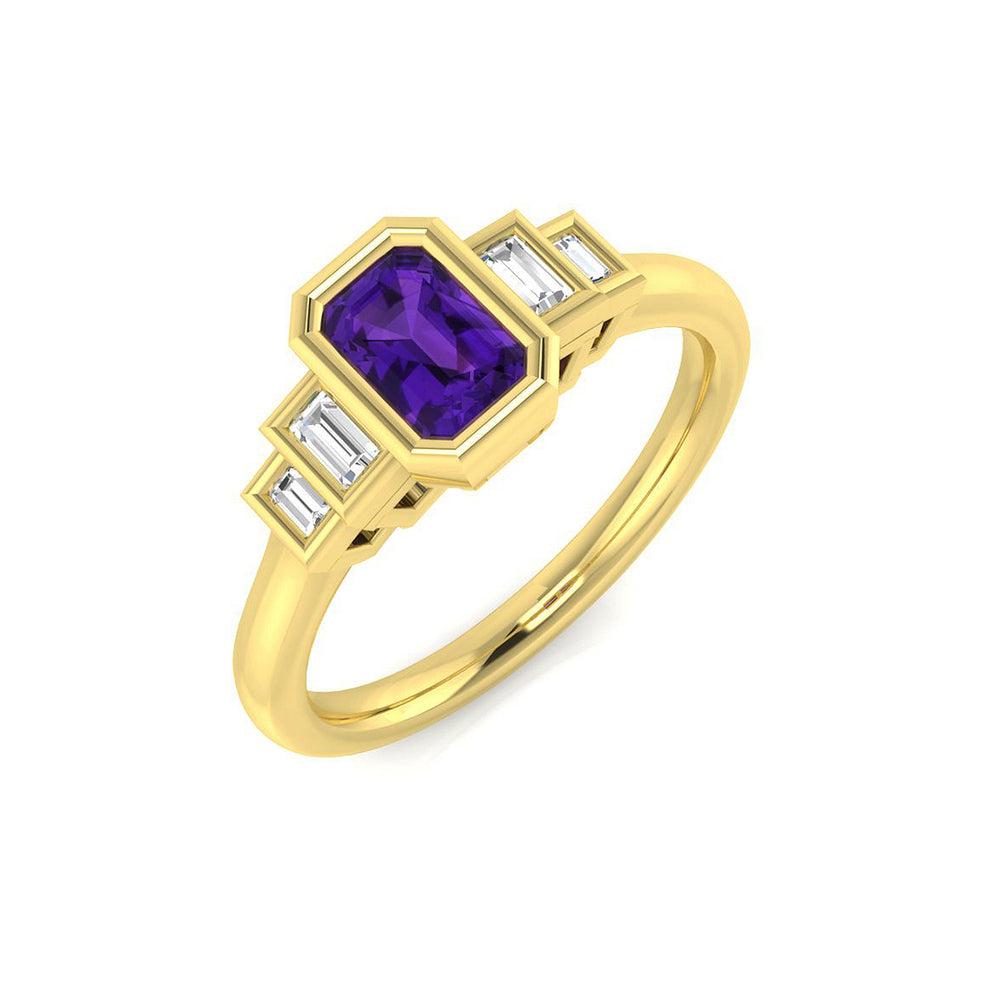 Gold Emerald Cut Amethyst Ring with Baguette Diamonds Five Stone Ring