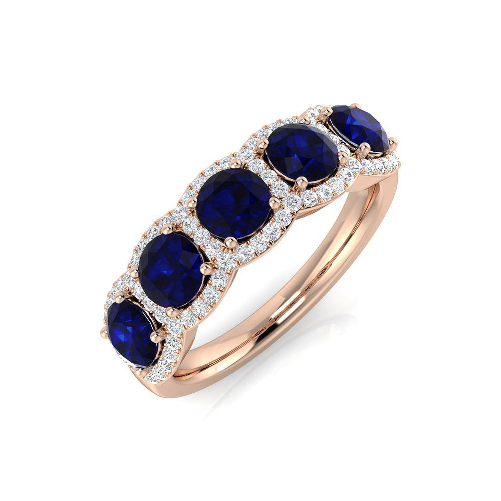 Blue Sapphire 5 Stone Halo Ring Gift for Her