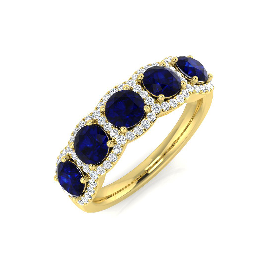 Blue Sapphire 5 Stone Halo Ring in Gold