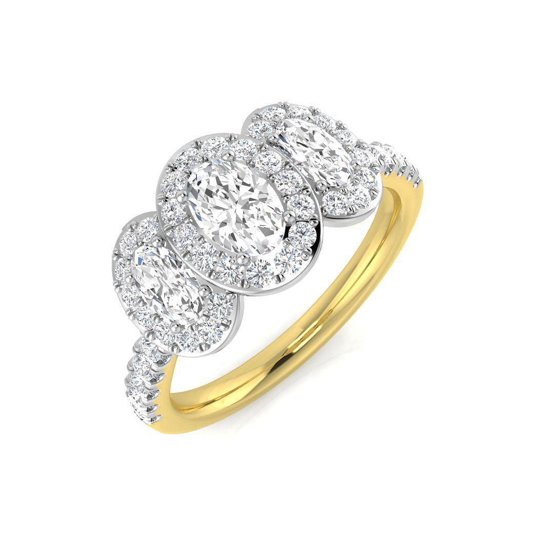 Natural Diamond Oval Cut Halo Three Stone Ring